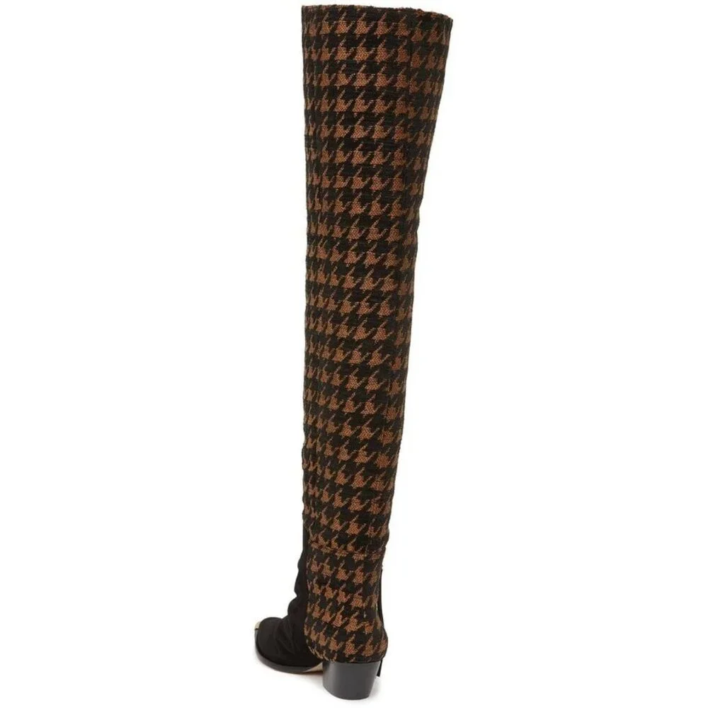 Schutz Tenia Boots Black Suede Houndstooth Tweed Over The Knee NEW $575
